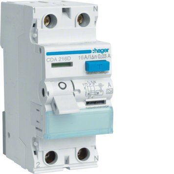Диференціальне реле 2P, 6kA, 16A, 30mA, A, HAGER CDA216D CDA216D - постачальник електрообладнання для автоматизації простору Polygon Center